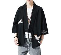 PRIJOUHE Men's Kimono Jackets Cardigan Lightweight Casual Cotton Blends Linen Seven Sleeves Open Front Coat Outwear, 12 Black, L