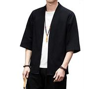 PRIJOUHE Men's Kimono Jackets Cardigan Lightweight Casual Cotton Blends Linen Seven Sleeves Open Front Coat Outwear, 02 Black, Large