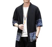 PRIJOUHE Men's Kimono Jackets Cardigan Lightweight Casual Cotton Blends Linen Seven Sleeves Open Front Coat Outwear, 01 Black, Medium