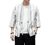 PRIJOUHE Men's Kimono Jackets Cardigan Lightweight Casual Cotton Blends Linen Seven Sleeves Open Front Coat Outwear - White - S