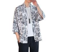 PRIJOUHE Men's Kimono Jackets Cardigan Lightweight Casual Cotton Blends Linen Seven Sleeves Open Front Coat Outwear - - Large