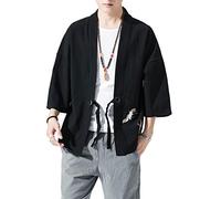PRIJOUHE Men's Kimono Jackets Cardigan Lightweight Casual Cotton Blends Linen Seven Sleeves Open Front Coat Outwear, C-black, XL