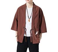 PRIJOUHE Men's Kimono Jackets Cardigan Lightweight Casual Cotton Blends Linen Seven Sleeves Open Front Coat Outwear, 08 Brown, S