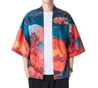 PRIJOUHE Mens Kimono Robe 3/4 Sleeve Japanese Shirt Open Front Yukata Haori, Color-h, XXL