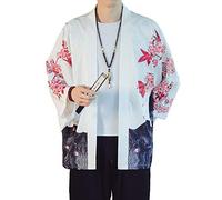 PRIJOUHE Men's Lightweight Kimono Jacket Seven Sleeve Open Front Cardigan Coat Japanese Style Bathrobe, White2-7108, L