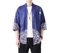 PRIJOUHE Men's Lightweight Kimono Jacket Seven Sleeve Open Front Cardigan Coat Japanese Style Bathrobe, Purple1-82, XX-L
