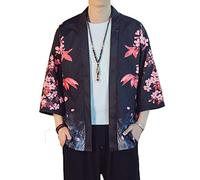 PRIJOUHE Men's Lightweight Kimono Jacket Seven Sleeve Open Front Cardigan Coat Japanese Style Bathrobe, Black7-7108, XXL