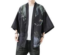 PRIJOUHE Men's Lightweight Kimono Jacket Seven Sleeve Open Front Cardigan Coat Japanese Style Bathrobe, 91-black3, L