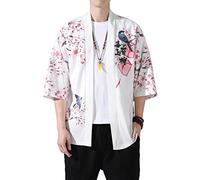 PRIJOUHE Men's Lightweight Kimono Jacket Seven Sleeve Open Front Cardigan Coat Japanese Style Bathrobe, White2-82, XX-L