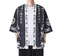PRIJOUHE Men's Lightweight Kimono Jacket Seven Sleeve Open Front Cardigan Coat Japanese Style Bathrobe, 07-black Dragon, Large
