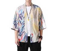 PRIJOUHE Men's Lightweight Kimono Jacket Seven Sleeve Open Front Cardigan Coat Japanese Style Bathrobe, Yellow1-82, S