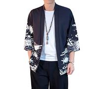 PRIJOUHE Men's Lightweight Kimono Jacket Seven Sleeve Open Front Cardigan Coat Japanese Style Bathrobe - - Large