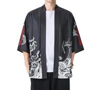 PRIJOUHE Men's Lightweight Kimono Jacket Seven Sleeve Open Front Cardigan Coat Japanese Style Bathrobe, 07-red White, L