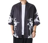 PRIJOUHE Men's Lightweight Kimono Jacket Seven Sleeve Open Front Cardigan Coat Japanese Style Bathrobe, 07-black 1, S
