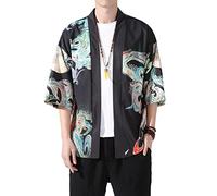 PRIJOUHE Men's Lightweight Kimono Jacket Seven Sleeve Open Front Cardigan Coat Japanese Style Bathrobe, Black3-82, M