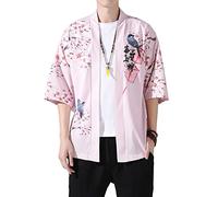 PRIJOUHE Men's Lightweight Kimono Jacket Seven Sleeve Open Front Cardigan Coat Japanese Style Bathrobe, Pink2-82, XX-L