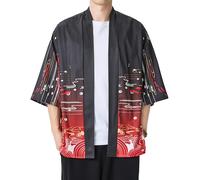 PRIJOUHE Men's Lightweight Kimono Jacket Seven Sleeve Open Front Cardigan Coat Japanese Style Bathrobe, 07-red Black, L