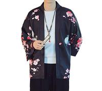 PRIJOUHE Men's Lightweight Kimono Jacket Seven Sleeve Open Front Cardigan Coat Japanese Style Bathrobe, Black5-7108, S