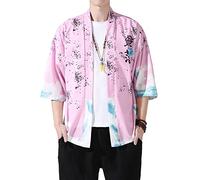 PRIJOUHE Men's Lightweight Kimono Jacket Seven Sleeve Open Front Cardigan Coat Japanese Style Bathrobe, Pink1-82, L