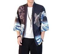 PRIJOUHE Men's Lightweight Kimono Jacket Seven Sleeve Open Front Cardigan Coat Japanese Style Bathrobe, Black3-7108, XXL