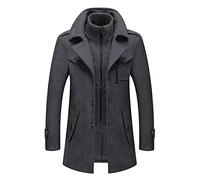 PRIJOUHE Mens Wool Blend Jacket Single Breasted Slim Fit Thick Windproof Pea with Removable Scarf Grey XL