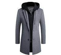 PRIJOUHE Men's Wool Coat Hoodie Long Trench Coat Cotton Casual Woollen Overcoat Jacket, Grey-09, XX-L