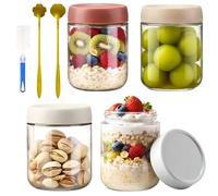 Priksia 4 Pack Glass Jars with Lid, Glass Overnight Oats Jar, Over Night Oats Containers with Lids Spoons for Cereals Milk Fruit Condiment Dressing Sauce Snacks Juice, Salad Jars for Meal Prep