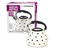 Prima 11185C 3.5L S/S Whistling Kettle Wht/Blk, Phenolic, 7 Cups, White & Black Polka Dot