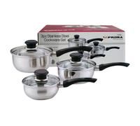 Prima 3-Piece Stainless Steel Saucepan Set with Glass Lids - 14, 16 & 18 cm, Mirror Finish, Bakelite Handles, Encapsulated Bottom