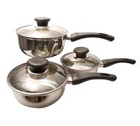 Prima 3-Piece Stainless Steel Saucepan Set with Glass Lids - 14, 16 & 18 cm, Mirror Finish, Bakelite Handles, Encapsulated Bottom