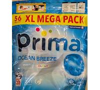 Prima Ocean Breeze Laundry Detergent Capsules, 2-in-1, Whites & Colours, 56 Washes, XL Mega Pack