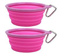 Prima Pets Collapsible Silicone Water Travel Bowl with Clip for Dog and Cat, Portable and Durable Pop-up Feeder for Convenient On-The-go Feeding - Size: Large (5 Cups) Pink - 2 Pack