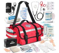 PRIMACARE Fully Stocked Reflective Trauma Bag - 17" x 9" x 7" First Aid Responder Emergency Medical Supplies Kit, Professional EMT EMS Shoulder Bag with Zippered Side Pockets and Compartments (Red)