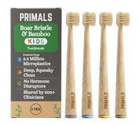 PRIMALS Kids Boar Bristle & Bamboo Toothbrush (4-Pack) - Healthy Boar Bristles - Zero Microplastics - Fully Biodegradable - Quick Dry Design