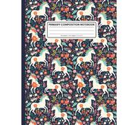 Primary Composition Notebook: Unicorn & Floral Pattern: Primary Ruled with Dotted Midline, No Story Space - Grades K-2