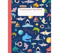 Primary Composition Story Notebook: Draw and Write Journal with Dotted Midline | For a creative way to teach handwriting to young learners | K-2 and 3 | Shark Attack Beach Day
