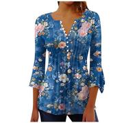 Prime 2024 Women's Blouses & Shirts 3/4 Sleeve Susan Julie Tops UK Swing Bohemian Blouses Tops Elegant Floral Printed Tunic Tops Henley T-Shirt Casual Baggy Pullover Hanky Hem T Shirt