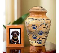 Prime Art Wooden Urn for Dog - Mango Wood, Paw Print Pattern, Natural Finish, Threaded Lid, 40 cm Diameter, 130 Lbs Capacity, Pet Memorial Product
