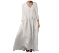 Prime Deals April Women Maxi Dresses Cotton Linen Boho Beach Dresses Crew Neck Solid Casual Sundresses Loose Fit 2024 Midi Dresses Longline A Line Dresses Pocketed White