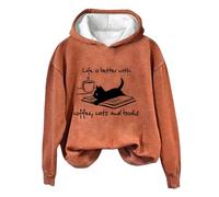 Prime Deals of The Day Black of Friday Women Hoodies Coffee Cat And Book Print Sweatshirts Hooded Solid Solor Loose Fit Blouse Tops 2024 Fall Warm Thick Long Jumpers for Women Uk Sale