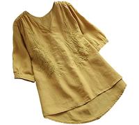 Prime Deals of The Day Prime Sale for Women Linen Shirt Women Cotton and Linen T Shirt Embroidery Loose T Shirt V Neck Casual Pullover Short Sleeve Top Women Garden Deals of The Day Sale Prime Yellow