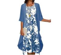 Prime Deals of The Day Summer Dresses for Women UK Plus Size Two Piece Sleeveless Midi Dress with Chiffon Cardigan Fashion Floral Print Loose Fit C Blue