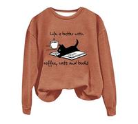 Prime Deals of The Day Sweatshirts for Women UK Oversized Coffee Cat And Book Print Women's Hooded Sweatshirt Crew Neck Pullover Fun Christmas Daily Deals of The Day (Orange, XL)