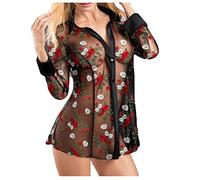Prime Deals of The Day Today Only Clearance Home Women's Sheer Mesh Button Down Shirt Top Long Sleeve Drop Shoulder Blouse Sexy See Through Lingerie Shirts Red Black