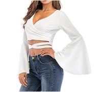 Prime Deals of The Day Today Only Clearance Women Women Casual Long Bell Sleeve Crop Tops Loose V-Neck T Shirt Flare Sleeve Shirt Tops Wrap Blouse 2024 Fashion Clothes White