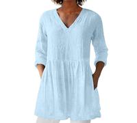 Prime Deals of The Day Today Only Women Summer Tops with Pockets Linen 3/4 Sleeve V Neck Tunic Top Cotton Linen Casual T-Shirt Oversized Long Swing Blouse Shirts Ladies Clothes Tee