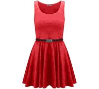 Prime fashions- Plain Skater Frill Round Collar Dress for Women- Sleeveless - Casual - Short- Modern Fashion- Without Belt - M-L- Red