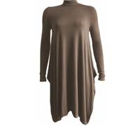 Prime fashions Women Plain Long Sleeves Flared Polo High Neck Hanky Skater Swing Dress - Oversized Loose Baggy Top(M-L, Mocha)