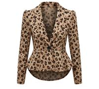 Prime fashions Women's Peplum Blazer - Slim Fit Long Sleeve Frill Crop Jacket Coat (10, Leopard Print)