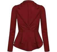 Prime fashions Women's Peplum Blazer - Slim Fit Long Sleeve Frill Crop Jacket Coat (10, Wine)